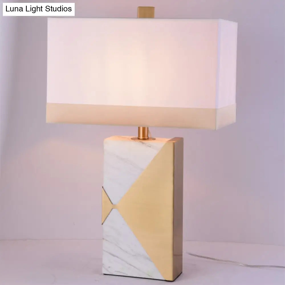 Modernist White Rectangular Table Lamp With Marble Base - Small Fabric Desk Light