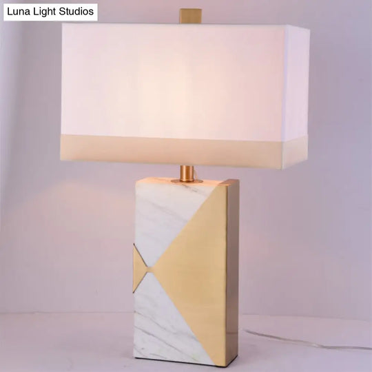 Modernist White Rectangular Table Lamp With Marble Base - Small Fabric Desk Light