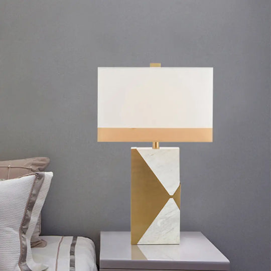 Modernist White Rectangular Table Lamp With Marble Base - Small Fabric Desk Light