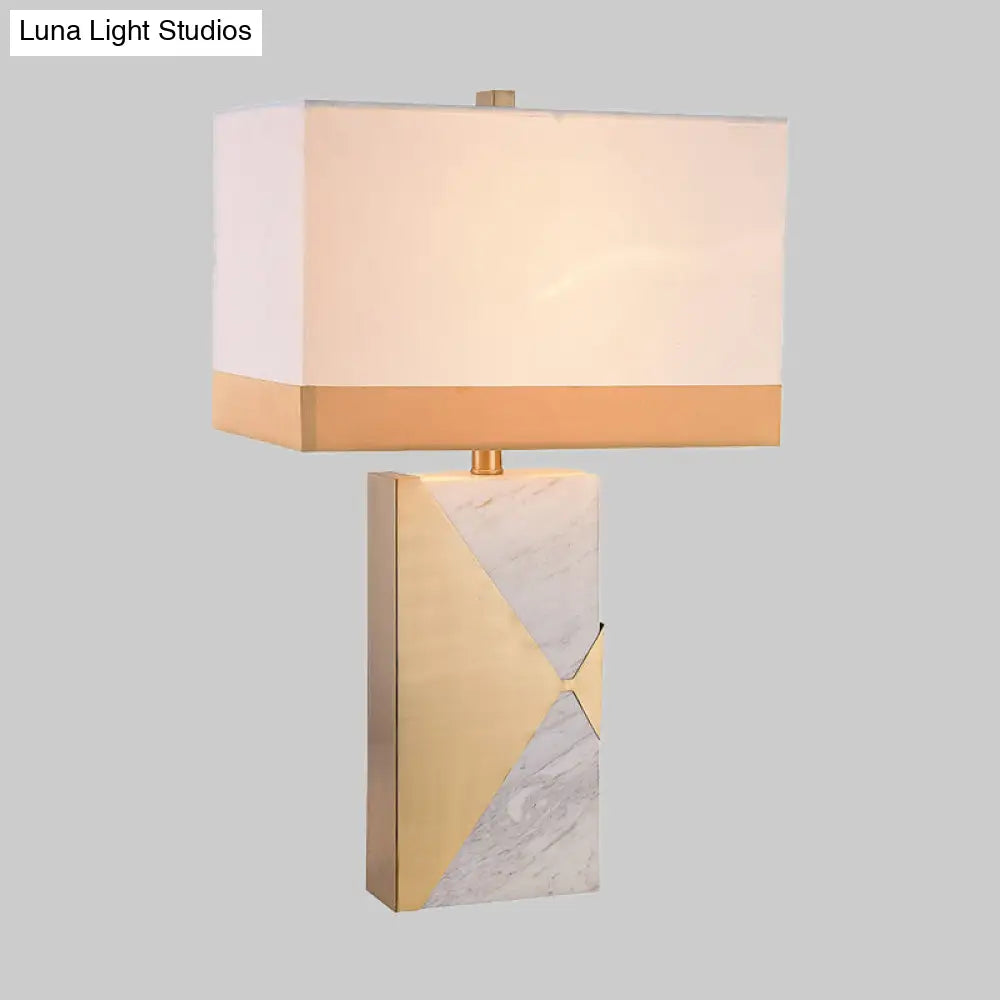 Modernist White Rectangular Table Lamp With Marble Base - Small Fabric Desk Light