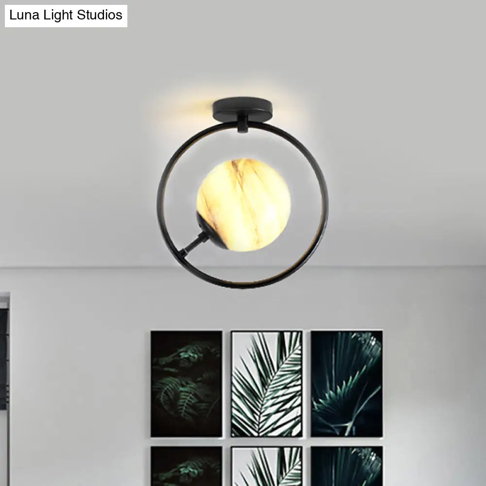Modernist White/Yellow Glass Semi Flush Mount Light Fixture With Iron Ring - Sphere 1 Black