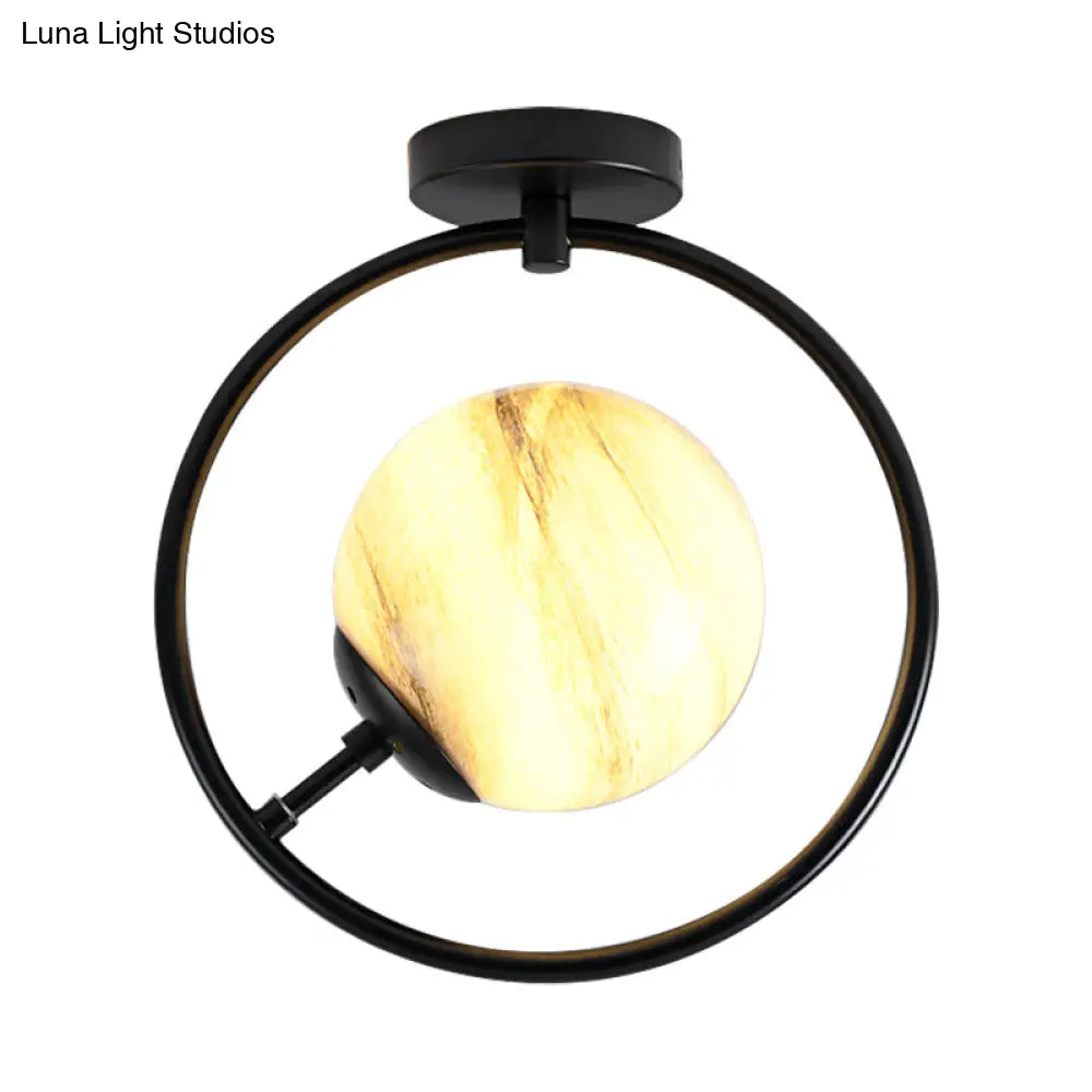 Modernist White/Yellow Glass Semi Flush Mount Light Fixture With Iron Ring - Sphere 1 Black