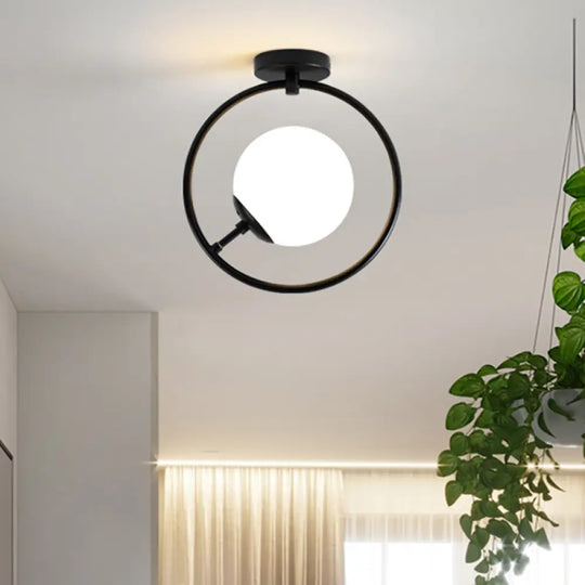 Modernist White/Yellow Glass Semi Flush Mount Light Fixture With Iron Ring - Sphere 1 Black White