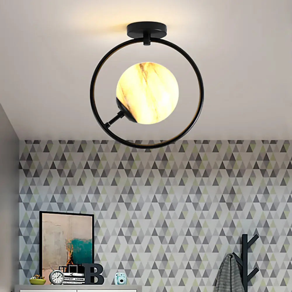 Modernist White/Yellow Glass Semi Flush Mount Light Fixture With Iron Ring - Sphere 1 Black Yellow