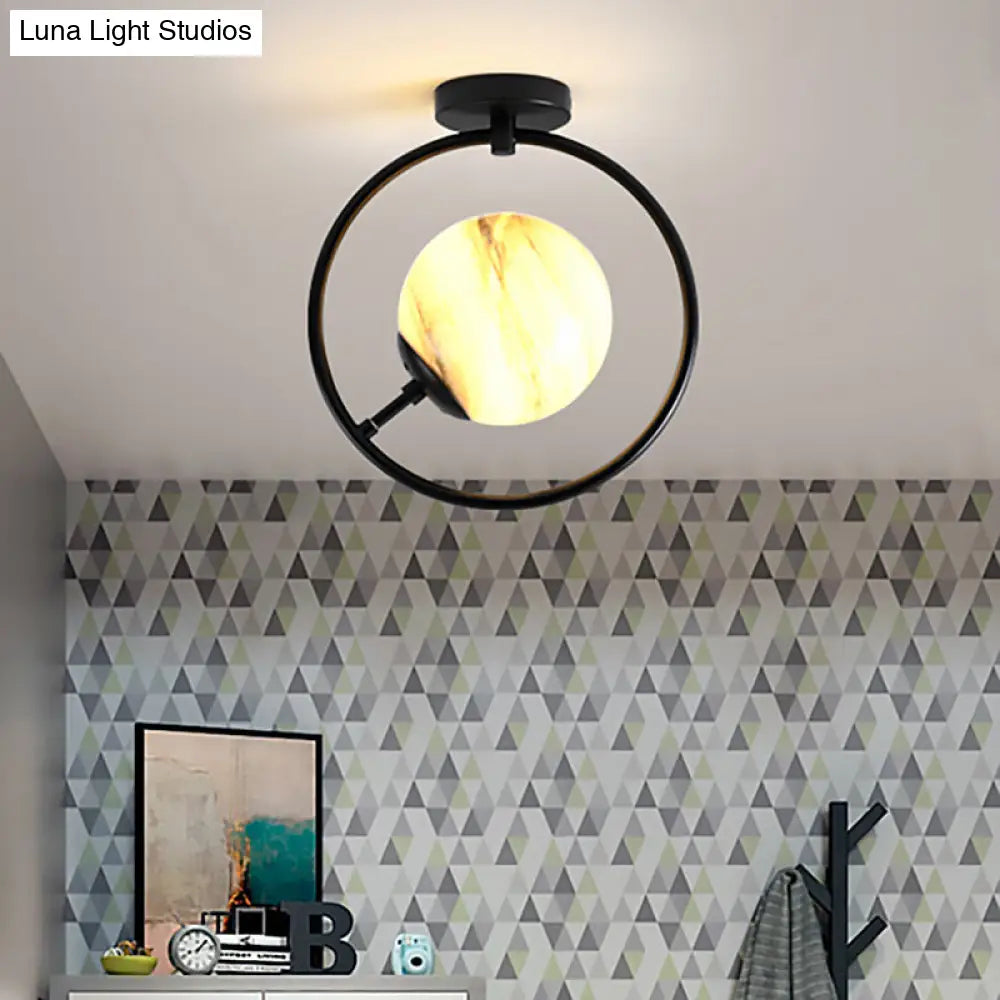 Modernist White/Yellow Glass Semi Flush Mount Light Fixture With Iron Ring - Sphere 1 Black Yellow