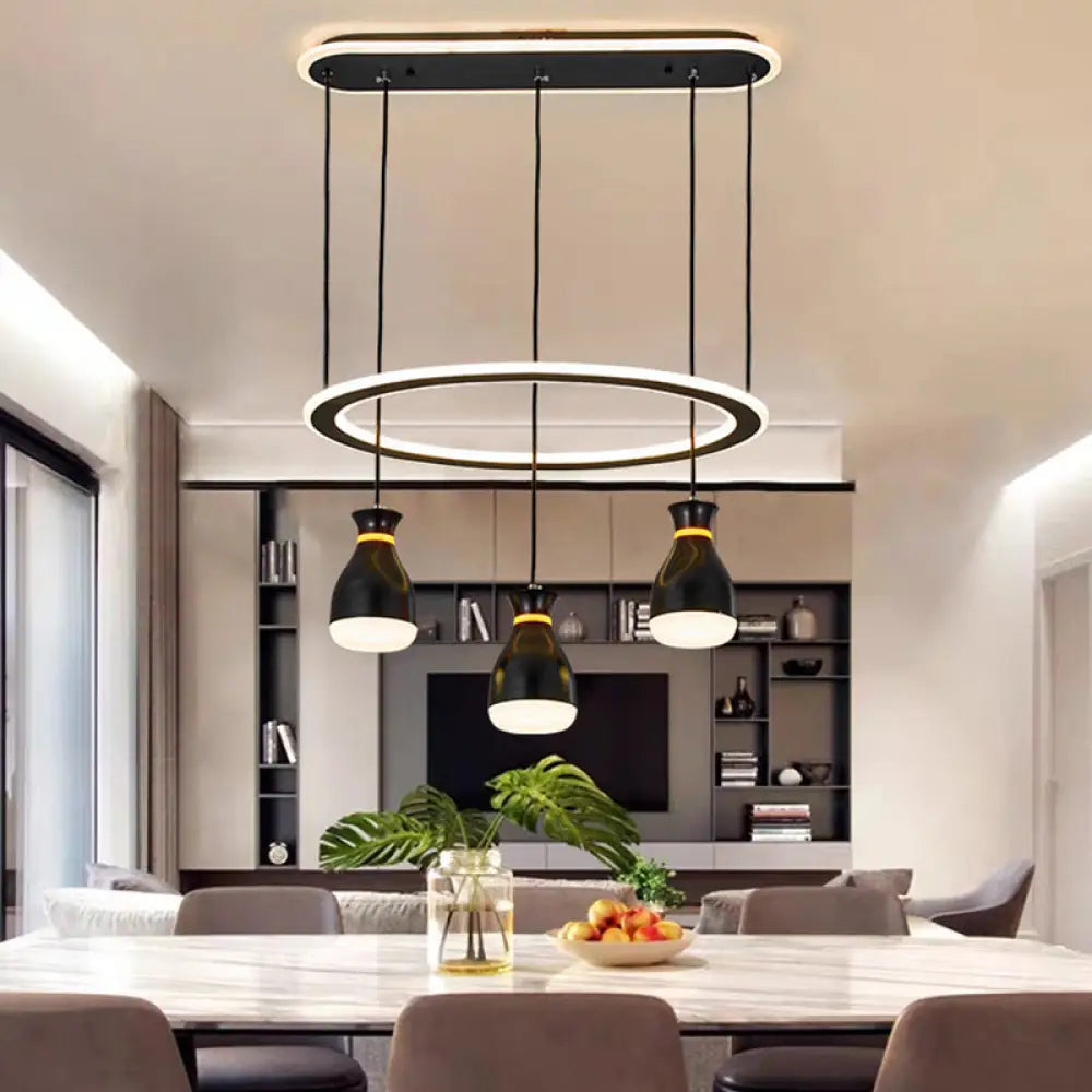 Modernist Wine Jar Led Pendant Light - Black Acrylic 3 Lights Dining Room Lamp With Loop Detail