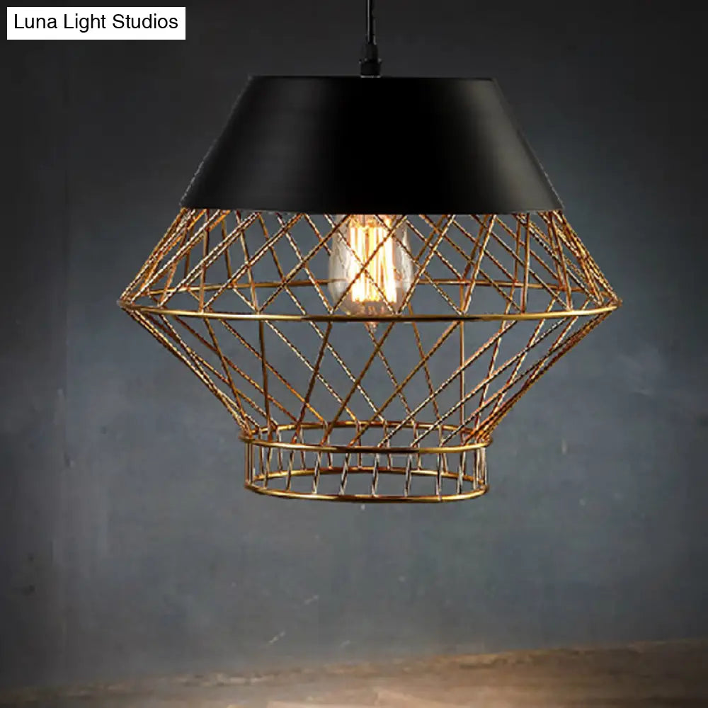 Modern Wire Cage Pendant Light - 1-Light Metallic Hanging Ceiling In Black For Bar