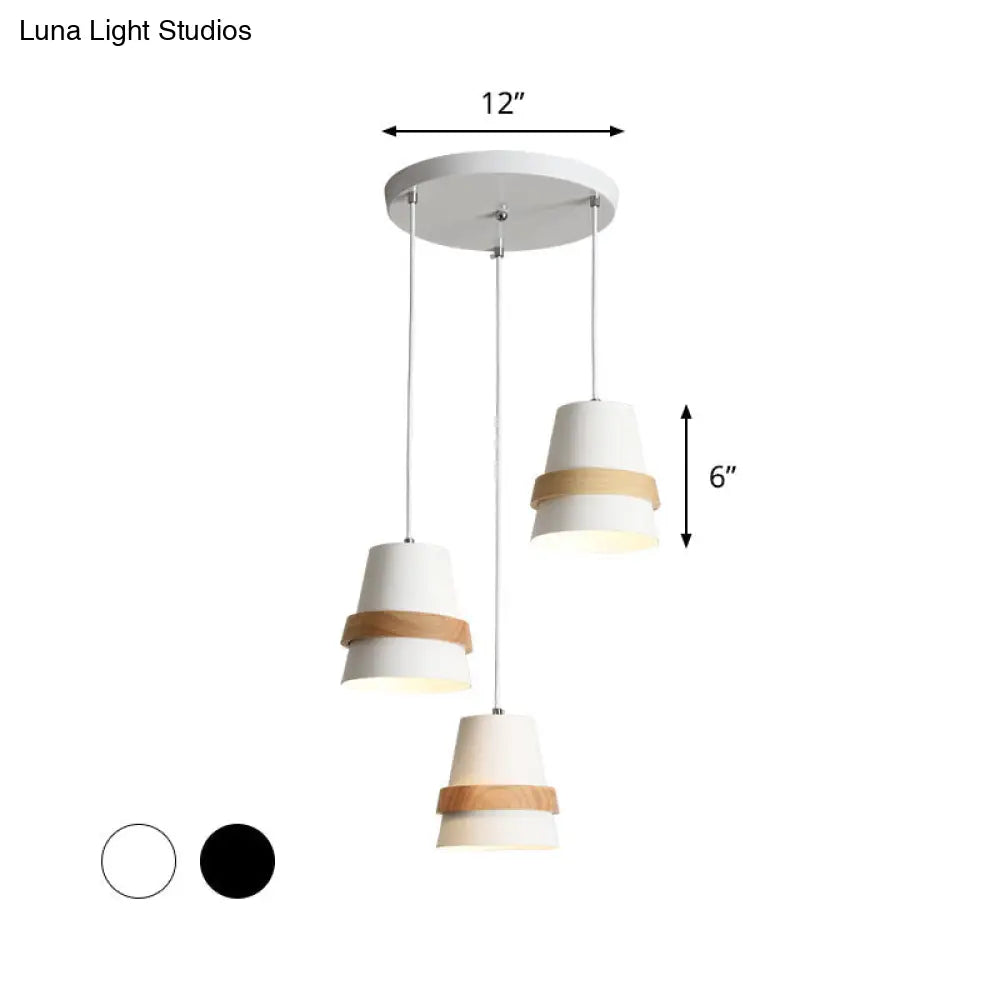 Cup Shape Modernist Dining Room Multi-Pendant Light - Metal 3 Heads | White/Black & Wood