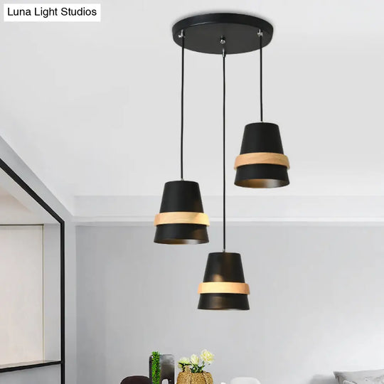 Cup Shape Modernist Dining Room Multi-Pendant Light - Metal 3 Heads | White/Black & Wood Black