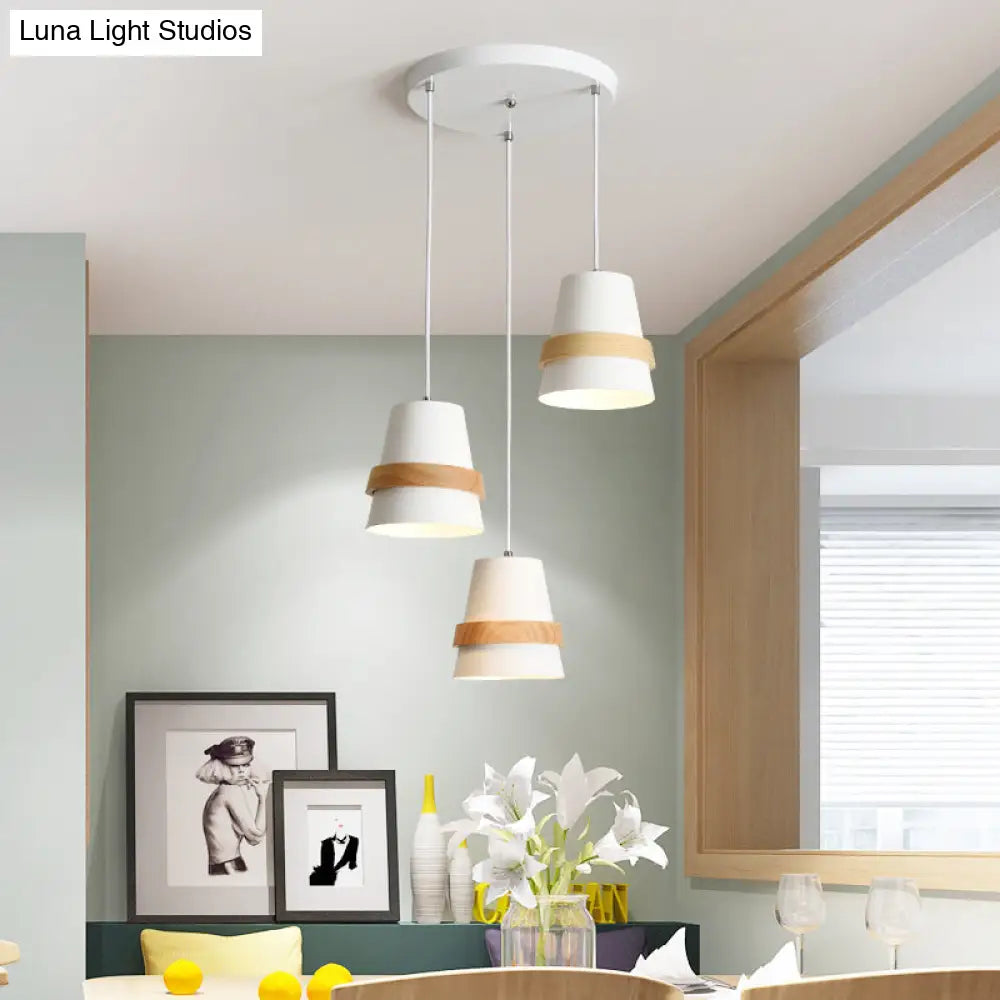 Cup Shape Modernist Dining Room Multi-Pendant Light - Metal 3 Heads | White/Black & Wood White