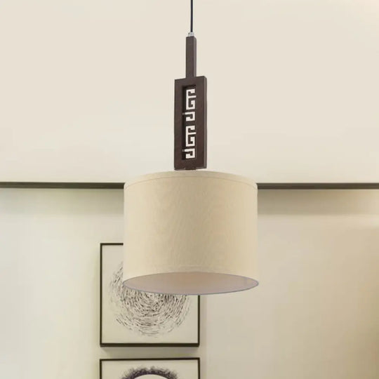 Modernist Wood Hanging Lamp Kit - Brown Carved 1-Bulb Down Lighting Design With Drum Fabric Shade