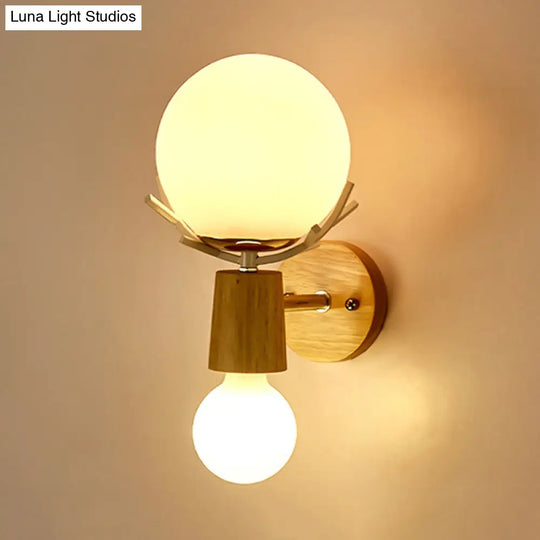 Modernist Wood Sconce With White Glass Shade - 2 Head Bedside Wall Lighting Fixture