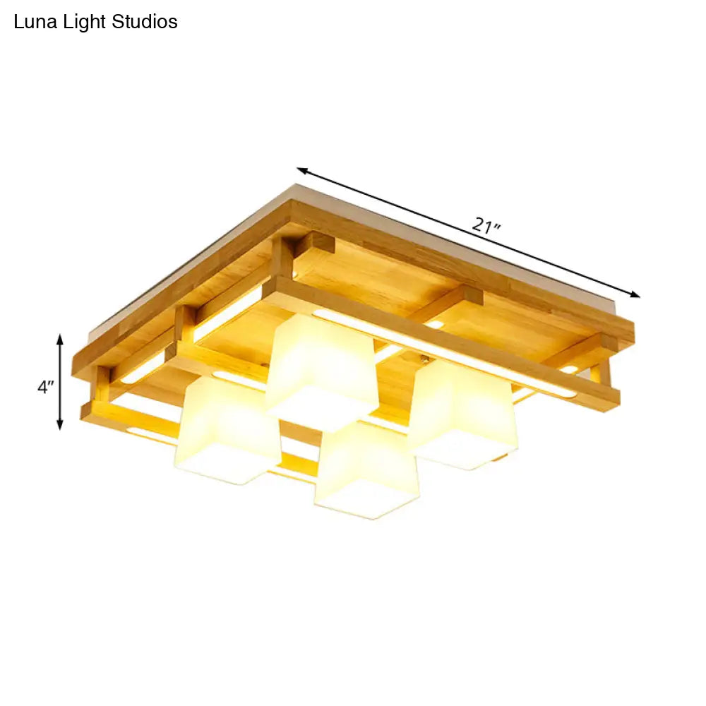 Modernist Wood Square Flush Mount Lighting With 1/4/9 Brown Led Lights And White Glass Cubic Shade