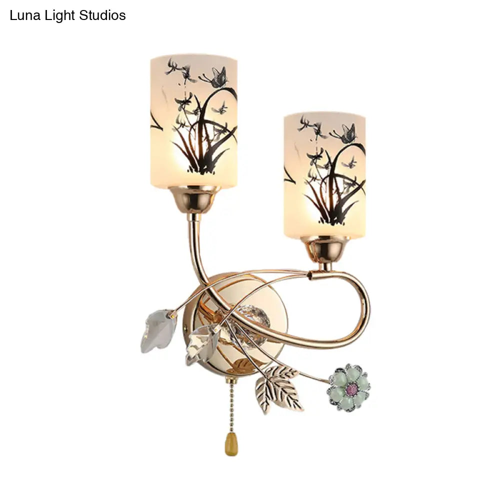 Modernistic 2-Bulb Gold Cylinder Wall Lamp With Pull Chain And Painted Glass Shade Brilliant