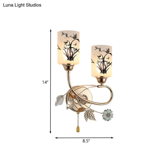 Modernistic 2-Bulb Gold Cylinder Wall Lamp With Pull Chain And Painted Glass Shade Brilliant