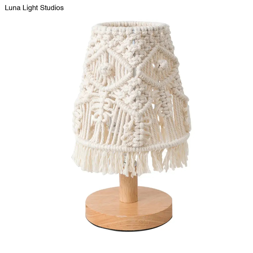 Modernistic Conical Nightstand Lamp: Fabric Shade White Reading Light With Fringe Décor