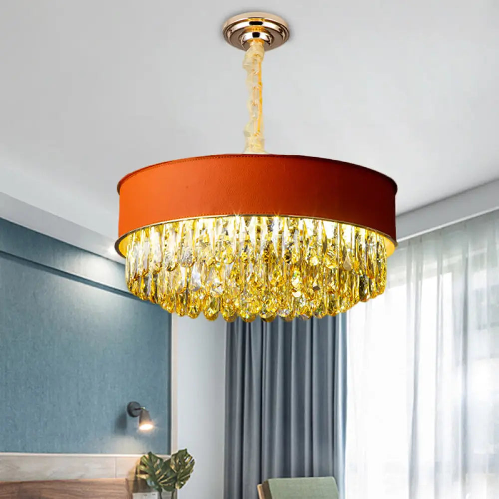 Modernistic Drum Crystal Chandelier - 9-Light Black/Red/Blue Leatherwear Ceiling Hang Fixture Red