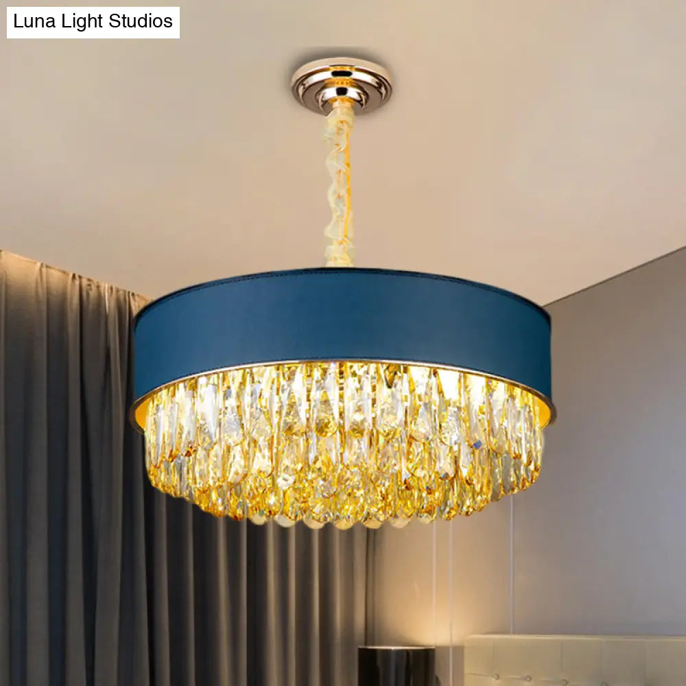 Modernistic Drum Crystal Chandelier - 9-Light Black/Red/Blue Leatherwear Ceiling Hang Fixture