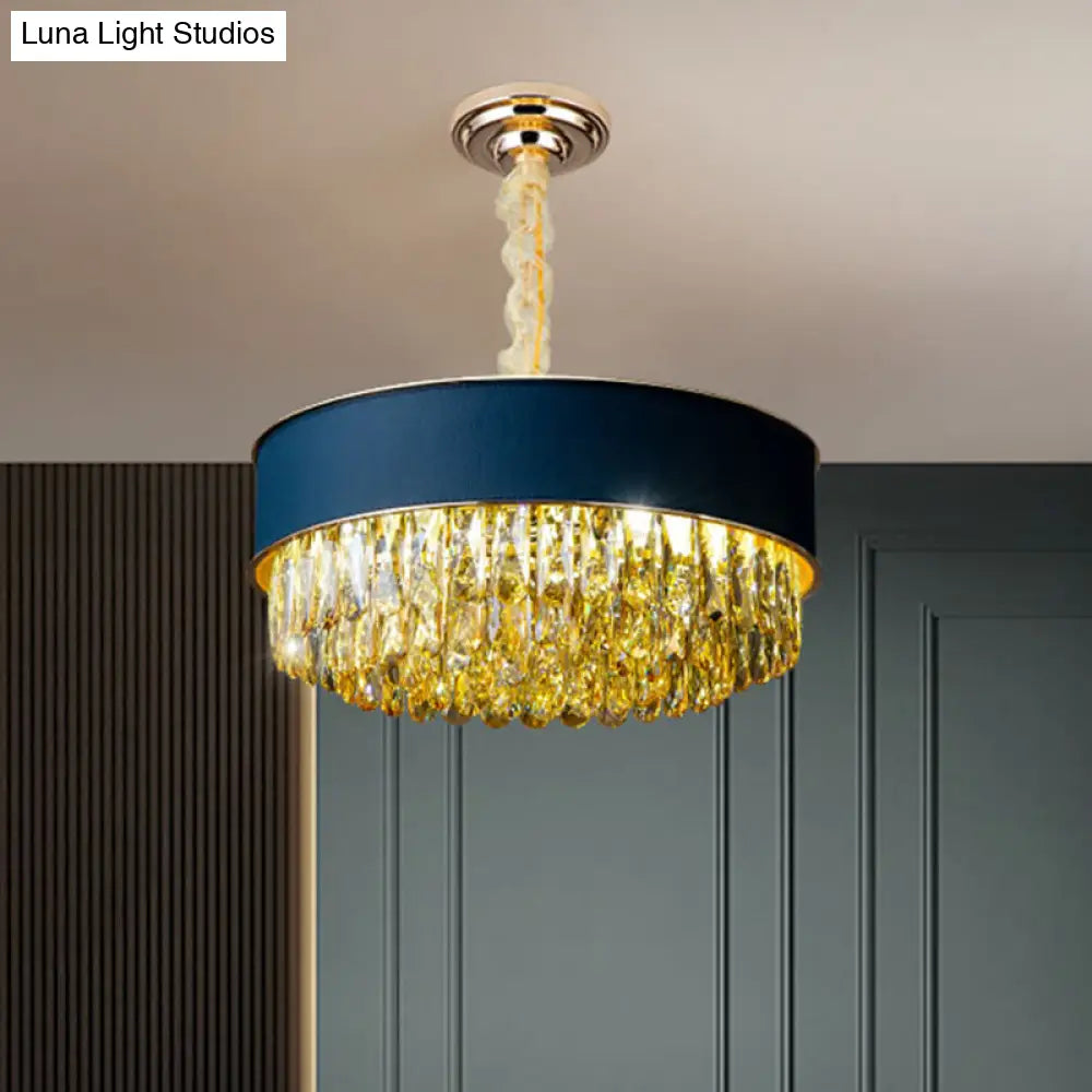 Modernistic Drum Crystal Chandelier - 9-Light Black/Red/Blue Leatherwear Ceiling Hang Fixture