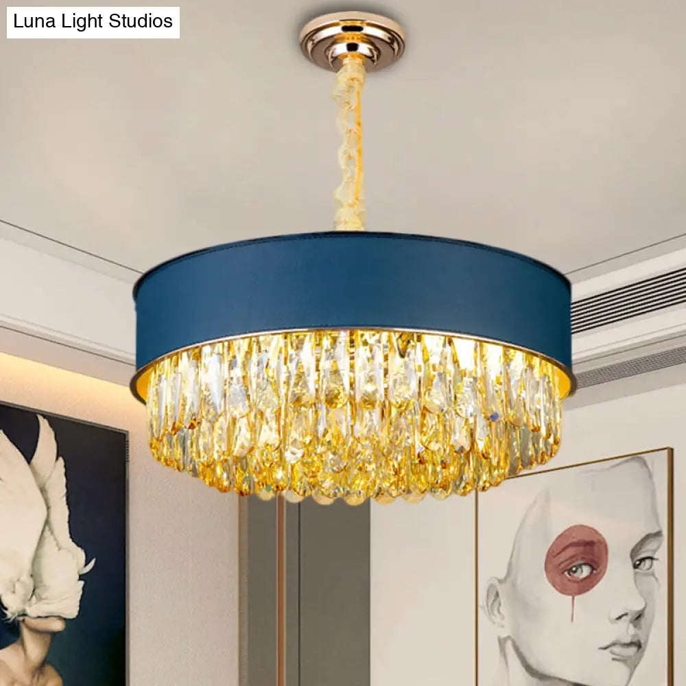 Modern Drum Shape Crystal Chandelier - 9-Light Black/Red/Blue Leatherwear Ceiling Fixture Blue