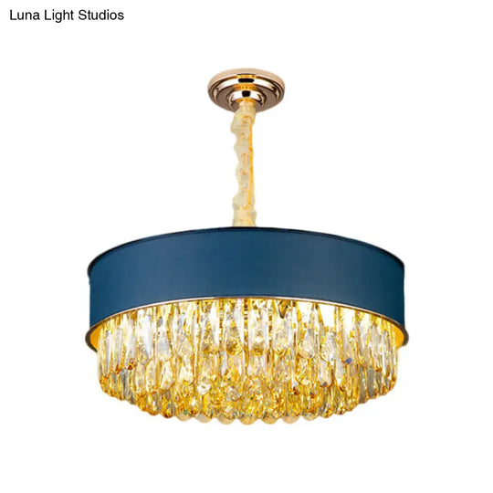 Modern Drum Shape Crystal Chandelier - 9-Light Black/Red/Blue Leatherwear Ceiling Fixture