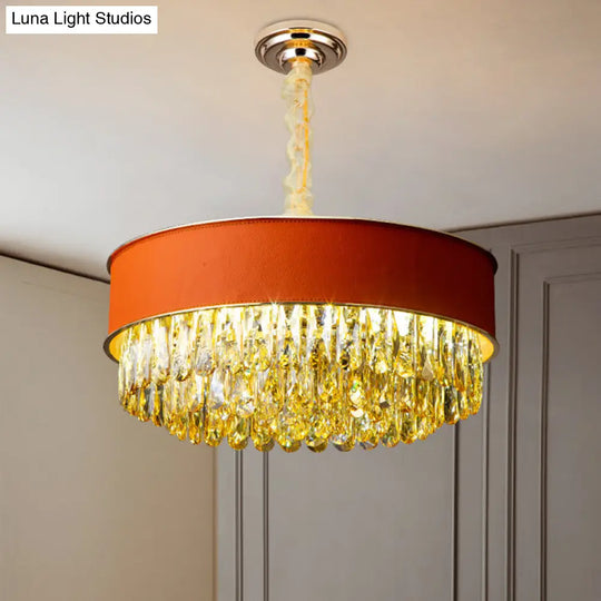 Modern Drum Shape Crystal Chandelier - 9-Light Black/Red/Blue Leatherwear Ceiling Fixture