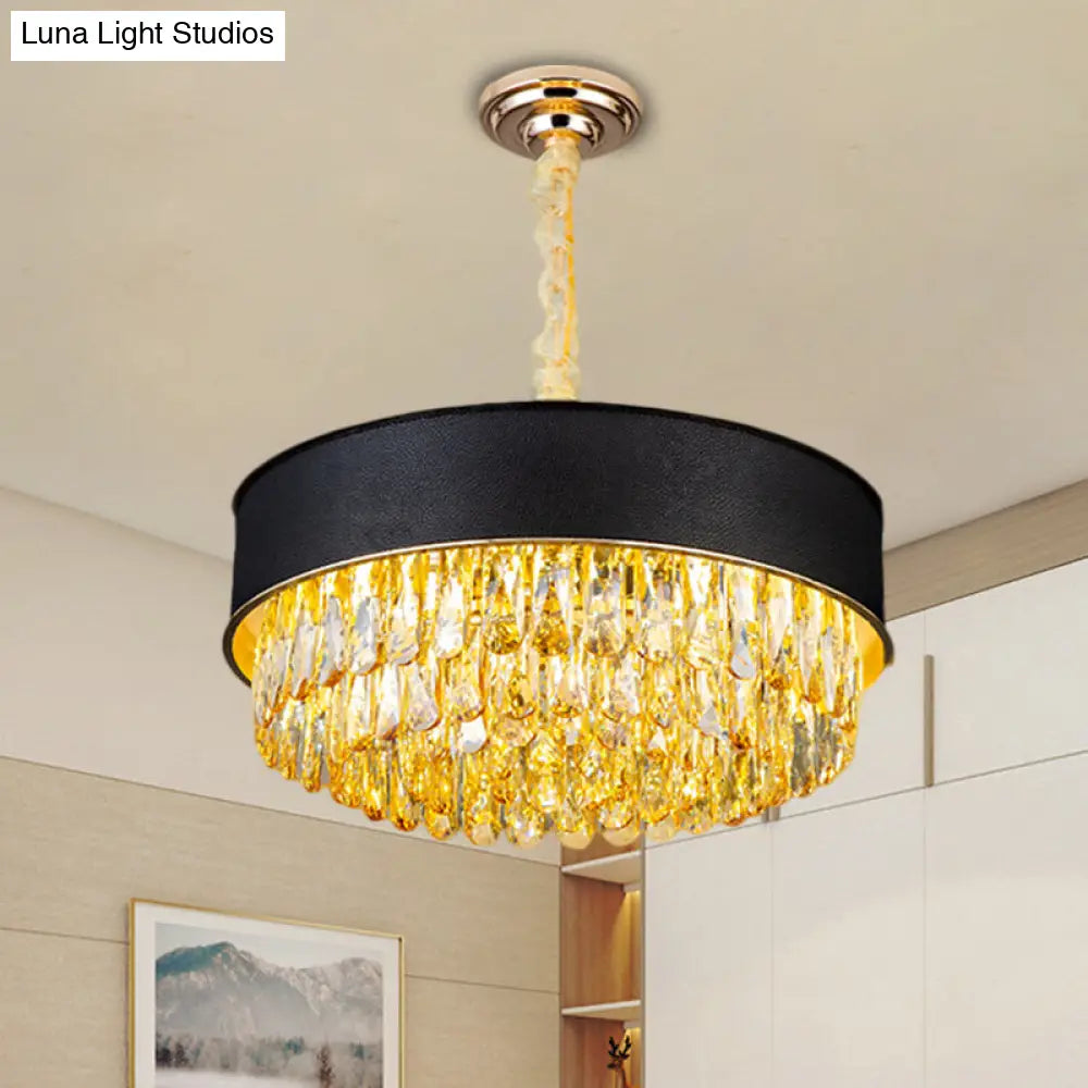 Modern Drum Shape Crystal Chandelier - 9-Light Black/Red/Blue Leatherwear Ceiling Fixture Black