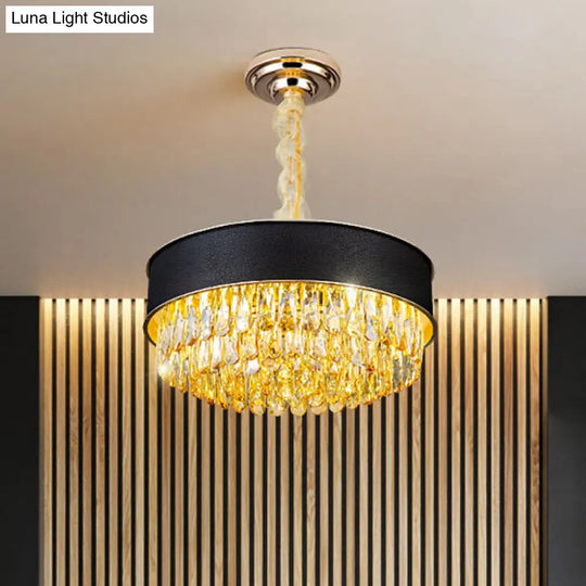 Modern Drum Shape Crystal Chandelier - 9-Light Black/Red/Blue Leatherwear Ceiling Fixture