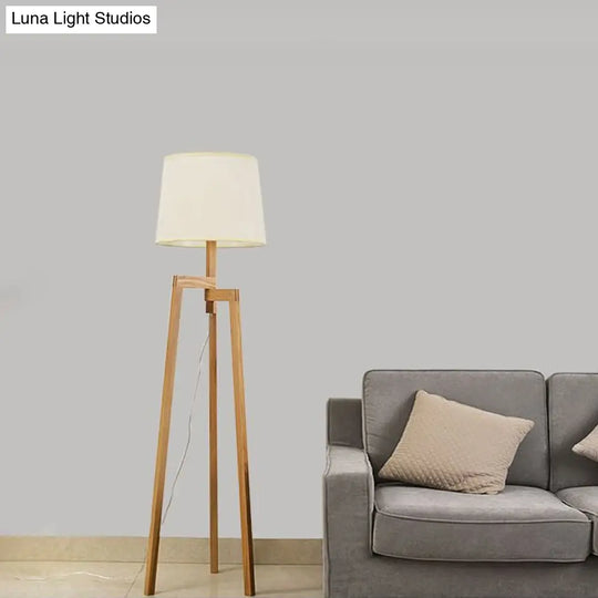 Modernistic White Reading Floor Lamp With Wooden Tripod - Elegant Fabric Standing Light