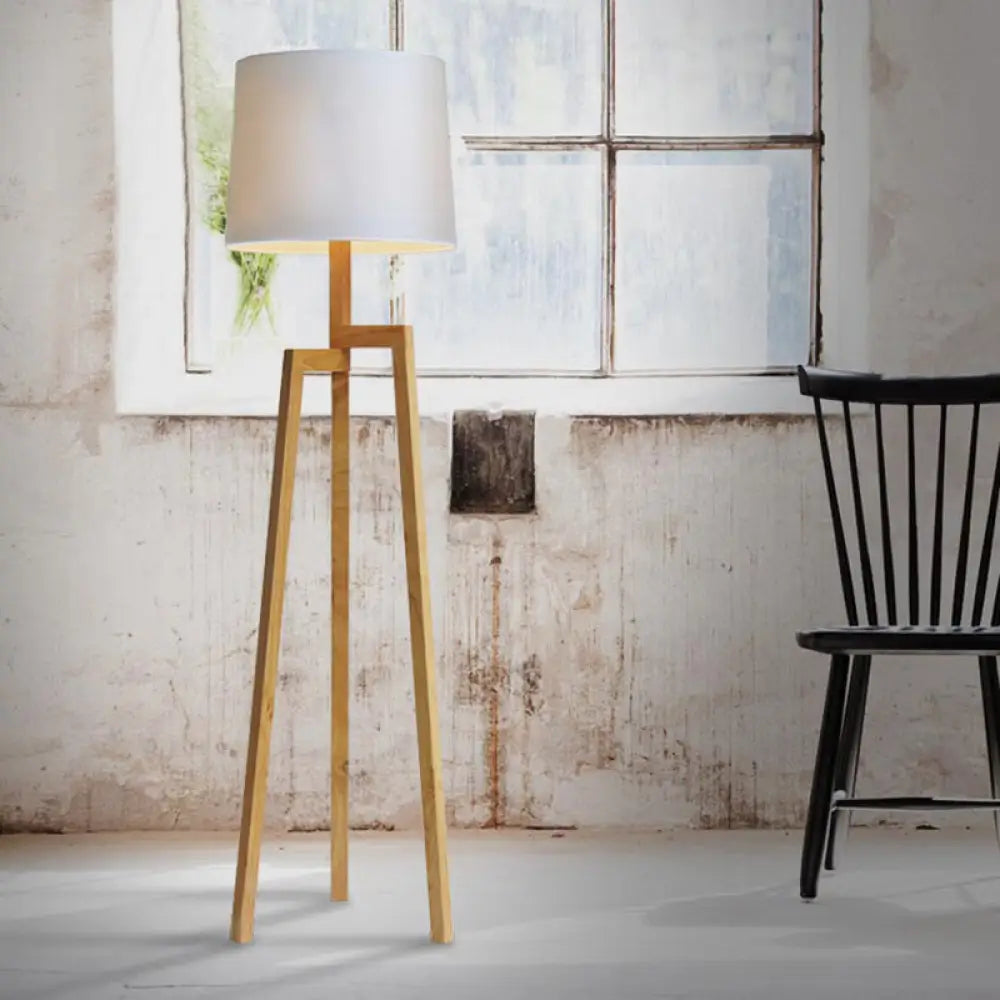 Modernistic White Reading Floor Lamp With Wooden Tripod - Elegant Fabric Standing Light