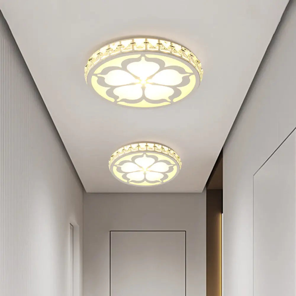 Modernity Faceted Crystal Flush Mount Lamp With Flower Pattern In White/Gold - Led Ceiling Light