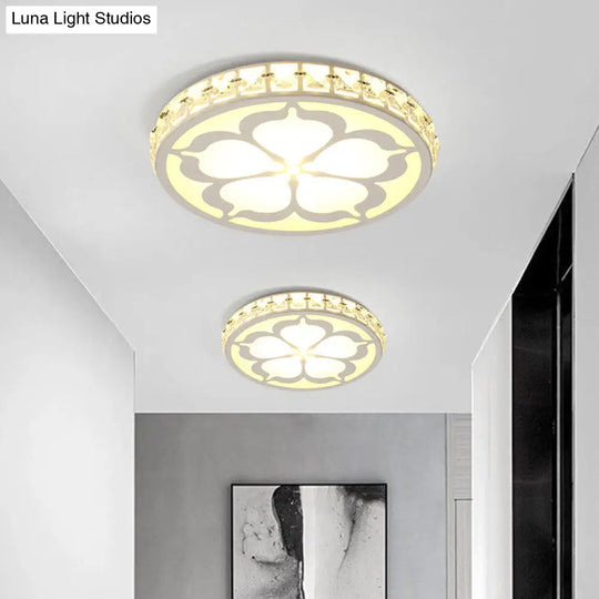 Modernity Faceted Crystal Flush Mount Lamp With Flower Pattern In White/Gold - Led Ceiling Light