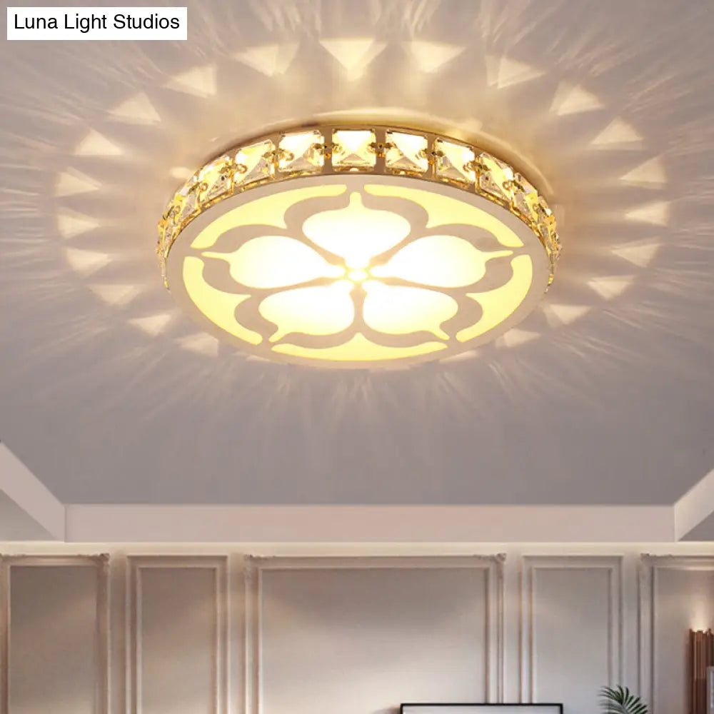 Modernity Faceted Crystal Flush Mount Lamp With Flower Pattern In White/Gold - Led Ceiling Light