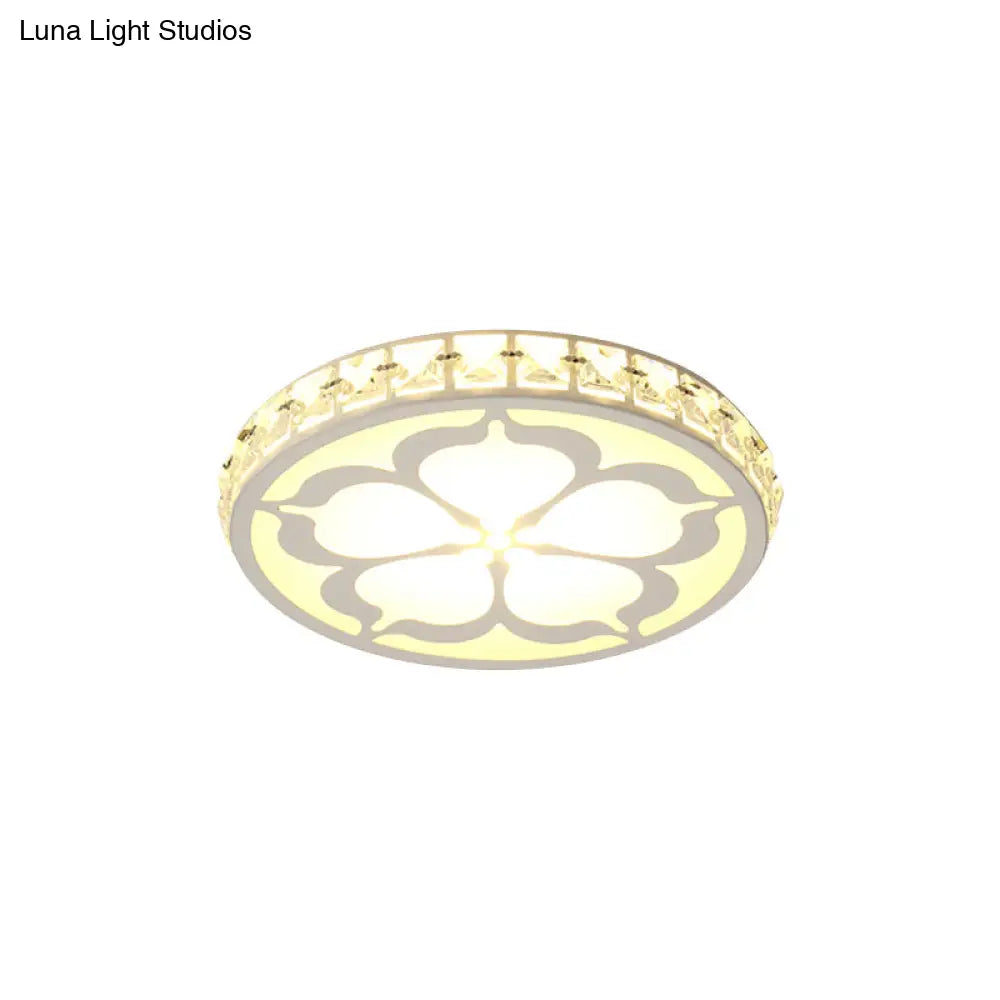 Modernity Faceted Crystal Flush Mount Lamp With Flower Pattern In White/Gold - Led Ceiling Light