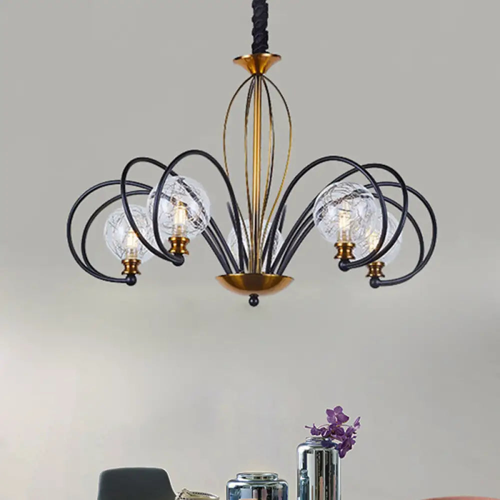 Modo Ceiling Chandelier: Black-Gold Simplicity Clear Glass 5/8 Bulbs Arched Arm Pendant Light 5 /