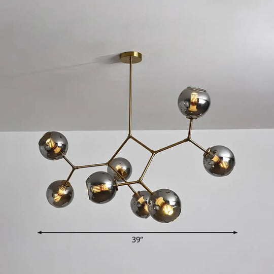 Molecular Chandelier: Brass Finish Postmodern Metal & Ball Glass Shade 8 / Smoke Gray