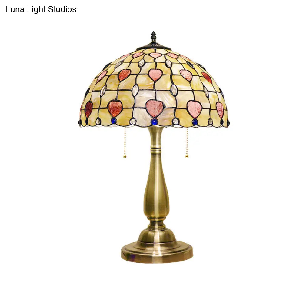 Brushed Gold Table Lamp With Dotted Pattern Bowl Shell 2 Lights Pull Chain For Night Stand