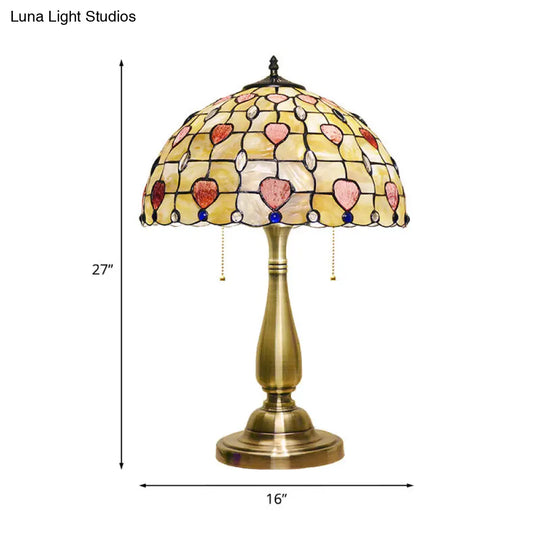 Brushed Gold Table Lamp With Dotted Pattern Bowl Shell 2 Lights Pull Chain For Night Stand