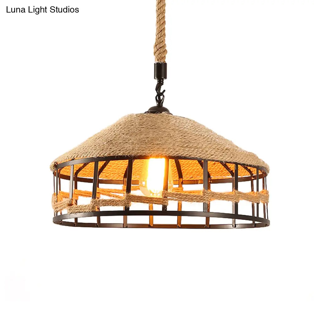 Mongolian Yurts Vintage Rope Pendant Light Fixture - Beige With Wire Cage (12/16/19.5 W)