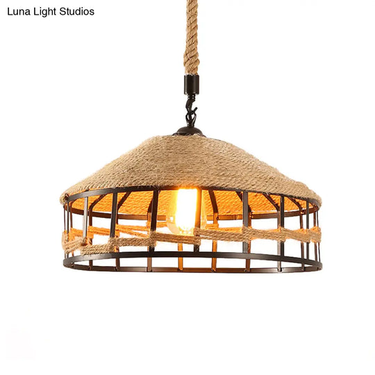 Mongolian Yurts Vintage Rope Pendant Light Fixture - Beige With Wire Cage (12/16/19.5 W)