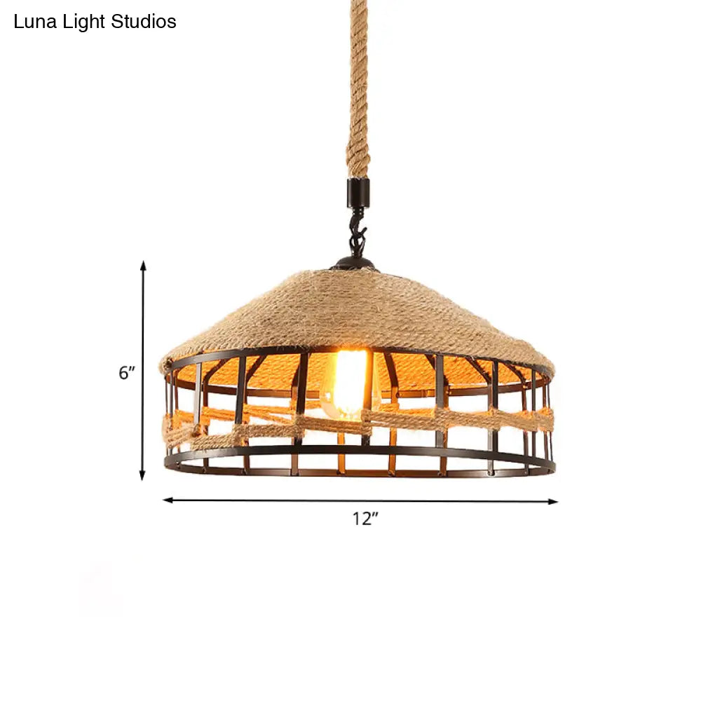 Mongolian Yurts Vintage Rope Pendant Light Fixture - Beige With Wire Cage (12/16/19.5 W)