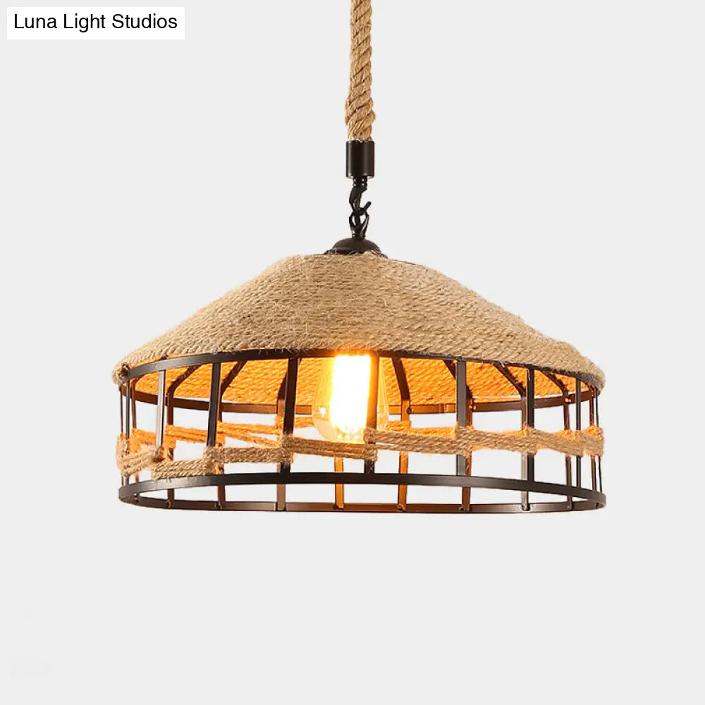 Mongolian Yurts Vintage Rope Pendant Light Fixture - Beige With Wire Cage (12/16/19.5 W)