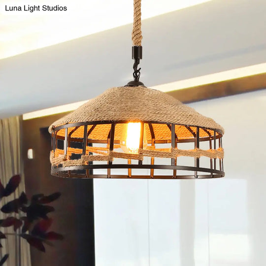 Mongolian Yurts Vintage Rope Pendant Light Fixture - Beige With Wire Cage (12/16/19.5 W)