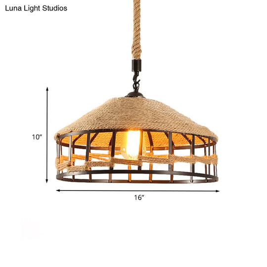 Mongolian Yurts Vintage Rope Pendant Light Fixture - Beige With Wire Cage (12/16/19.5 W)