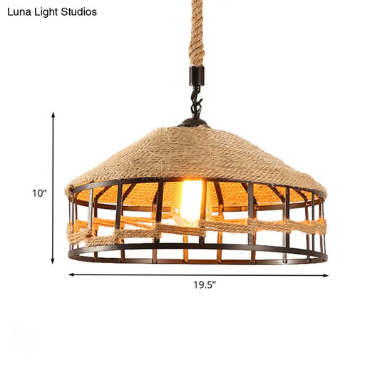 Mongolian Yurts Vintage Rope Pendant Light Fixture - Beige With Wire Cage (12/16/19.5 W)