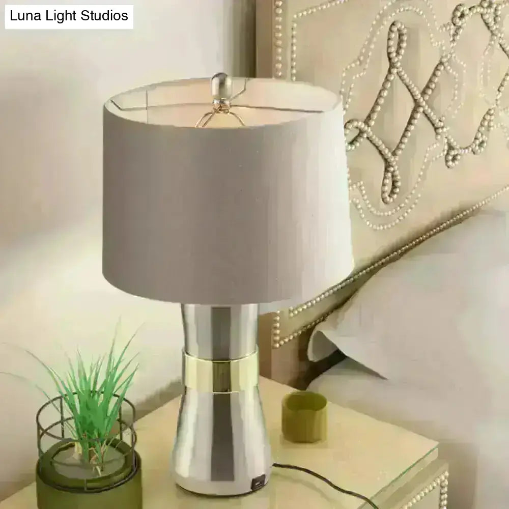 Monica - Contemporary Drum Shaped Table Lamp: Fabric Shade Nickel Finish