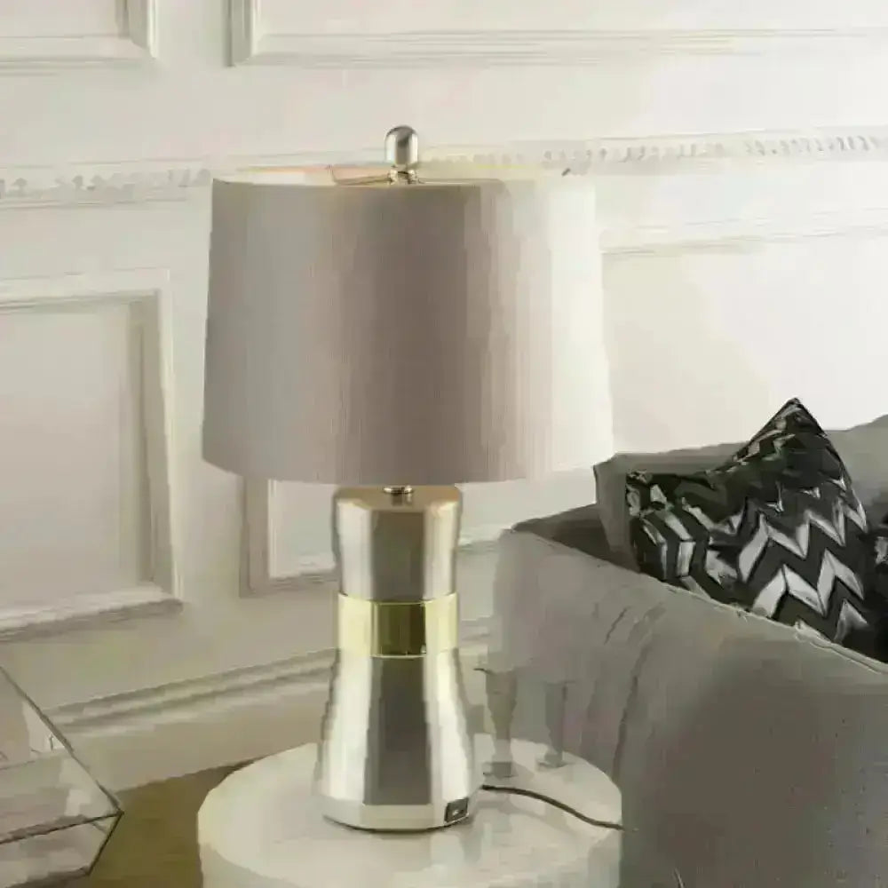 Monica - Contemporary Drum Shaped Table Lamp: Fabric Shade Nickel Finish