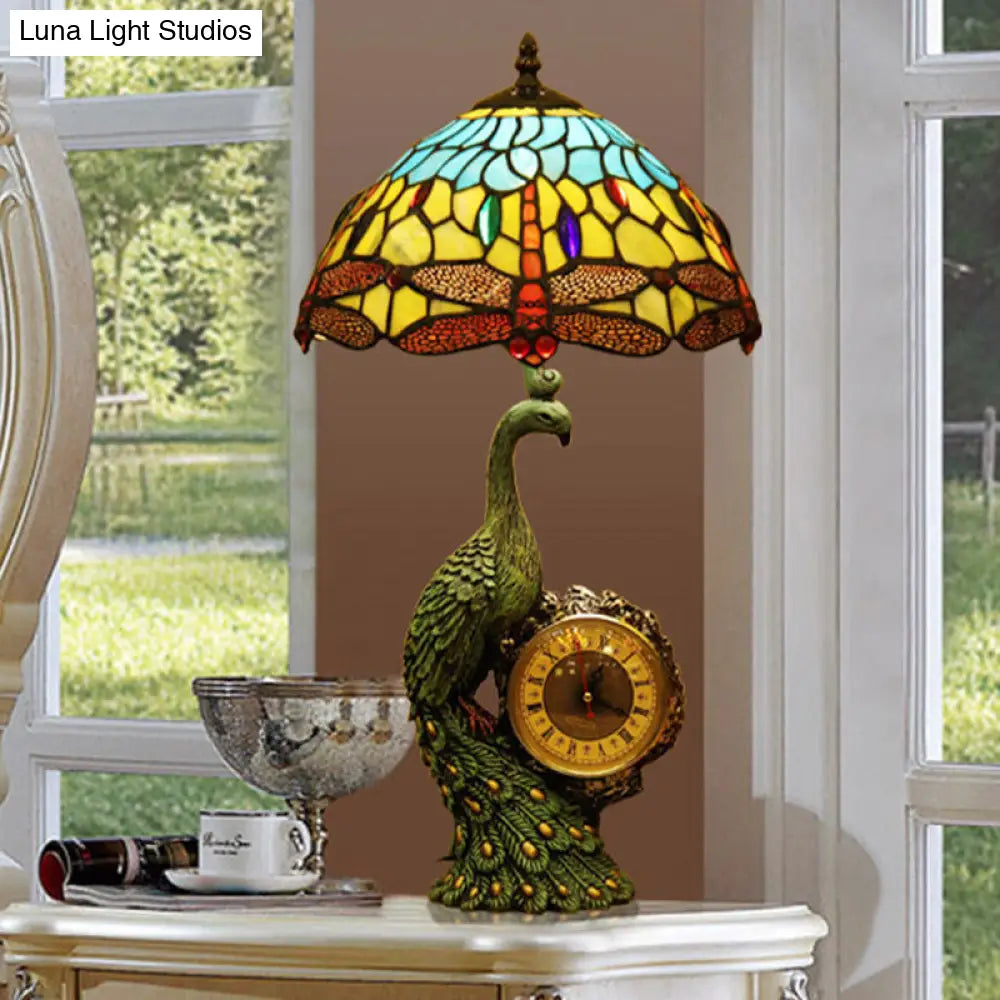 Dragonfly Night Lamp: Mediterranean Style In Light Blue And Yellow Cut Glass With Peacock Clock Deco