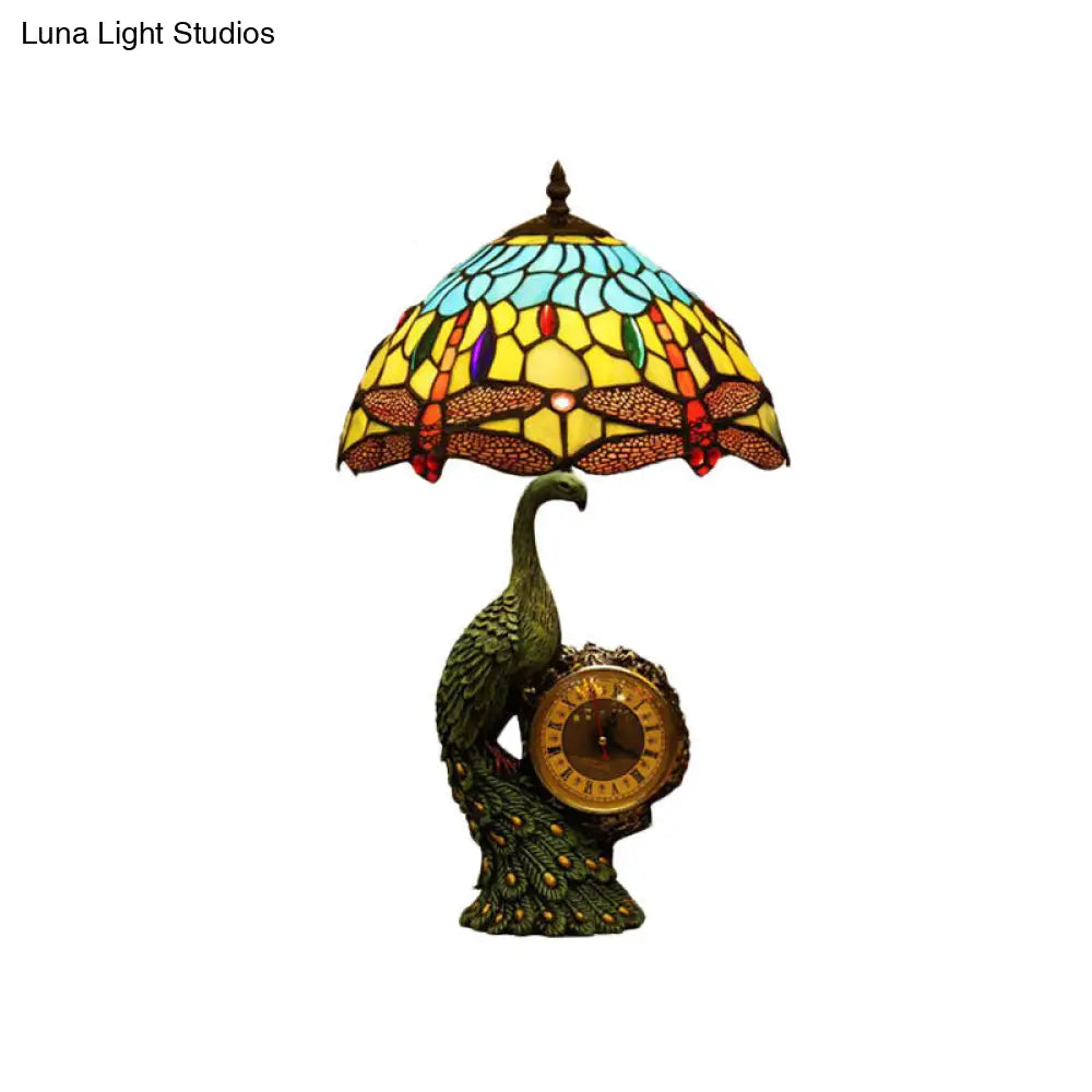 Dragonfly Night Lamp: Mediterranean Style In Light Blue And Yellow Cut Glass With Peacock Clock Deco