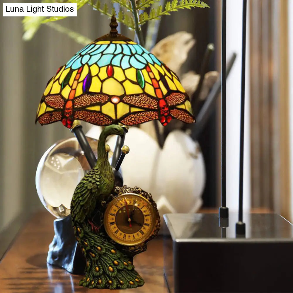 Dragonfly Night Lamp: Mediterranean Style In Light Blue And Yellow Cut Glass With Peacock Clock Deco